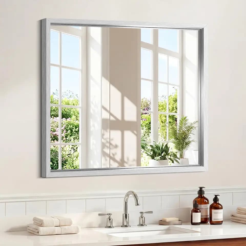 COFENY Bathroom Mirror, 30x36 Brushed Silver Rectangle Mirrors, Thickened Deep Metal Frame Bathroom Vanity Mirrors for Over Sink, Bedroom, Entryway, HD Tempered Glass, Horizontally or Vertically