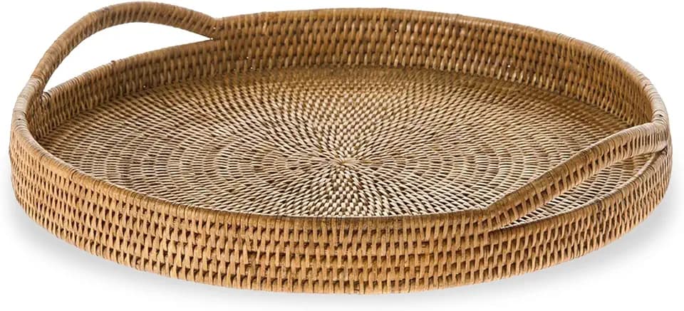 KOUBOO La Jolla Rattan Serving Ottoman Tray with Handles, Honey Brown
