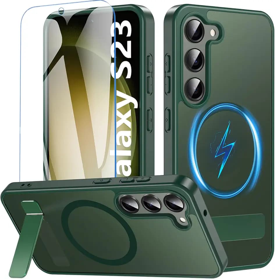 OWKEY for Samsung Galaxy S23 Case 6.1" with Screen Protector Built-in Invisible Kickstand Compatible with MagSafe, Magnetic Shockproof Translucent Matte Slim Bumper Cover for S23 Phone Case, Green