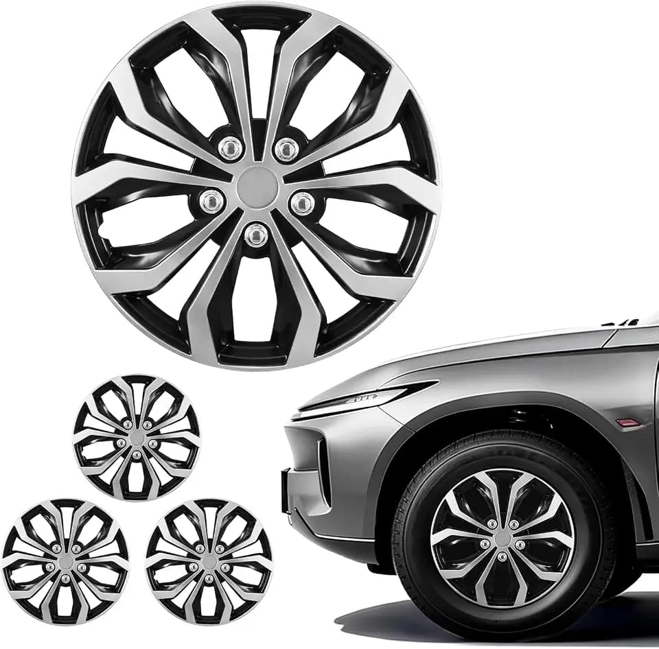 VEVOR Hubcaps Wheel Covers, 15 Inch Set of 4 Wheel Rim Cover Hubcaps OEM Replacement, R15 Size Snap On Car Hub Caps, Universal 10-Spoke ABS Tire Rim Caps for Hyundai Chevrolet Ford Honda, Silver/Black