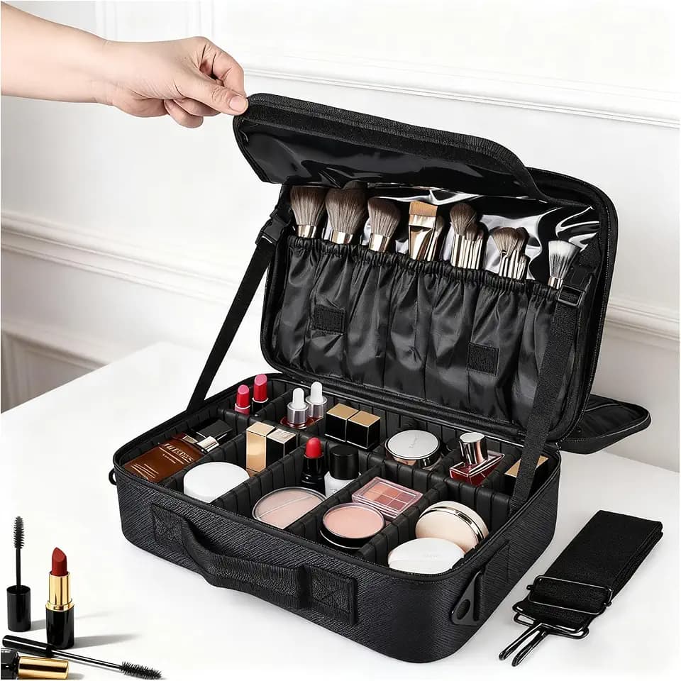 Greenfeather Travel Makeup Bag, Professional Cosmetic Train Case Organizer, Portable Travel Cosmetic Brush Bag Holder Makeup Artist Storage Box with Adjustable Dividers and Shoulder Strap, Black