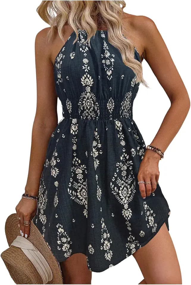 SOLY HUX Women's Floral Boho Halter Sleeveless Mini Dress Vacation Sundress