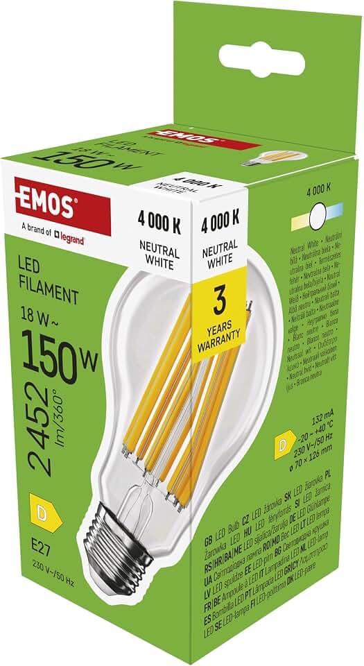 EMOS LED Lampe Edison A70 - große Birne, 18W Ersatz für 150W Glühbirne, klassiche Birne in größerer Form mit E27 Sockel, 2452 lm, Neutralweiß 4000 K, 25000 St. Lebensdauer, CRI>80, 360° Abstrahlwinkel