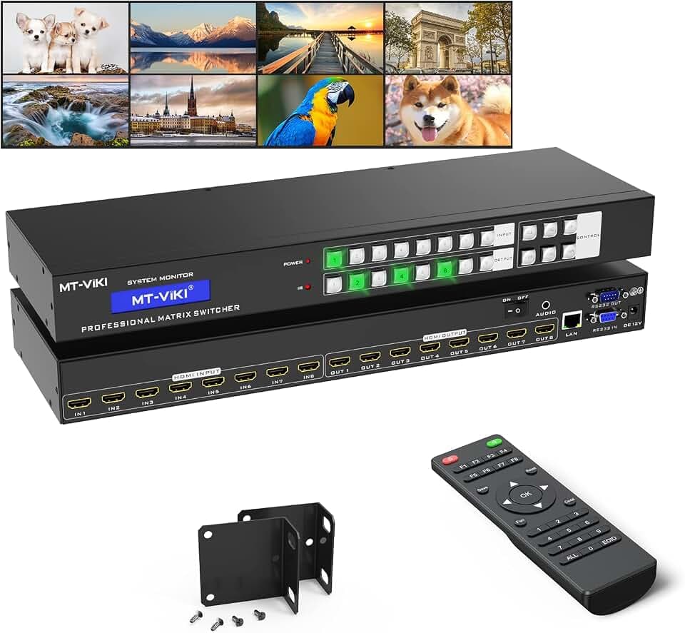 MT-VIKI HDMI Matrix Switch 8 in 8 Out unterstützt Web Control 3.5mm Stereo Audio mit IR-Fernbedienung Rack Mount 4K@30Hz EDID RS232 LAN Port