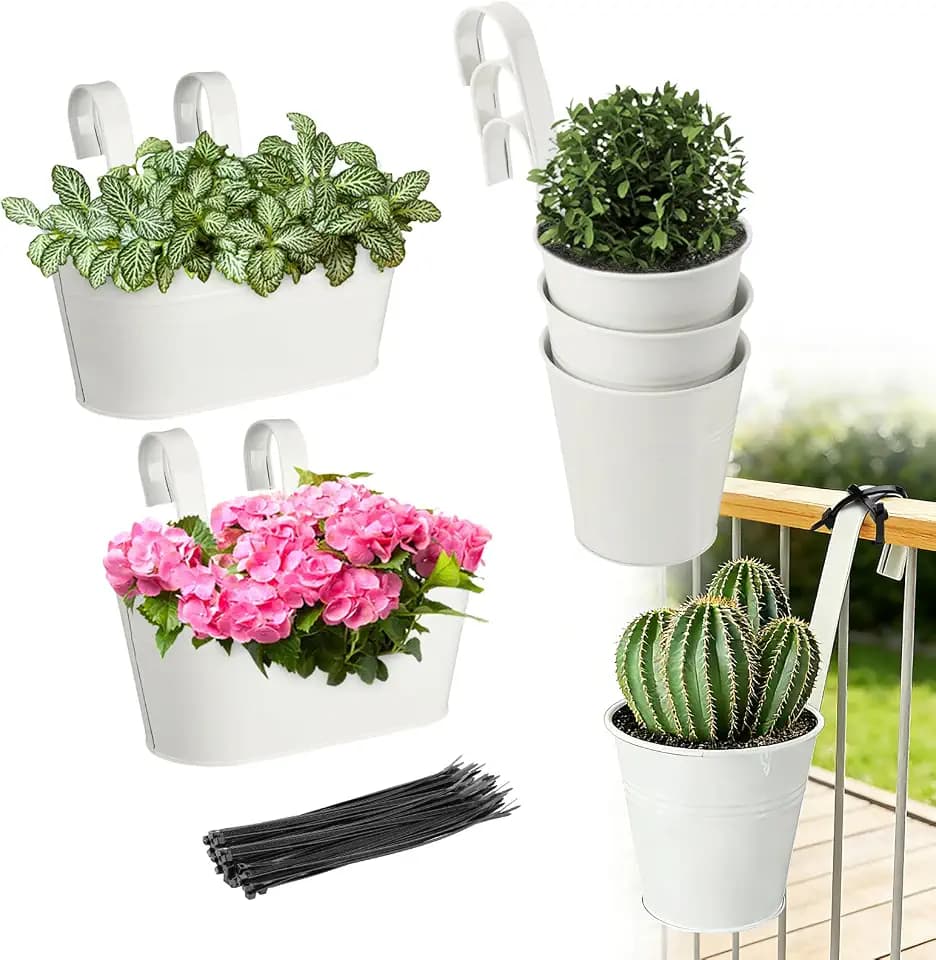 MADHOLLY 6Pcs Railing Planter with Drainage - 10.8" & 5.1" Bucket Pots for Balcony Railing, Metal Iron Hanging Flower Pots for Herb Planter Outdoor Deck & Rail Decor with Hook, White