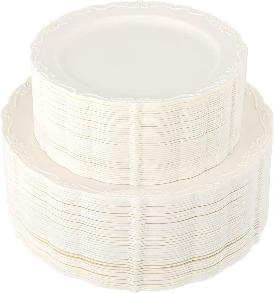 U-QE 100 Pcs Ivory Plastic Plates for Party - Ivory Disposable Plates