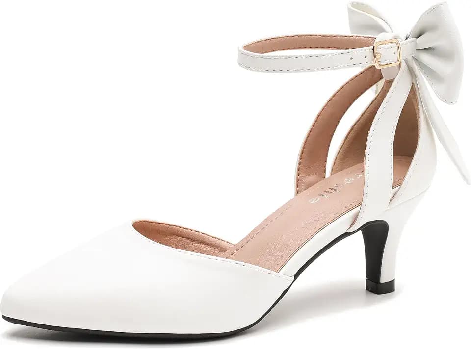 fereshte Women's Kitten Heel Pumps with Bow, Ankle Strap, Pointed Toe, Wedding Evening Dress Shoes