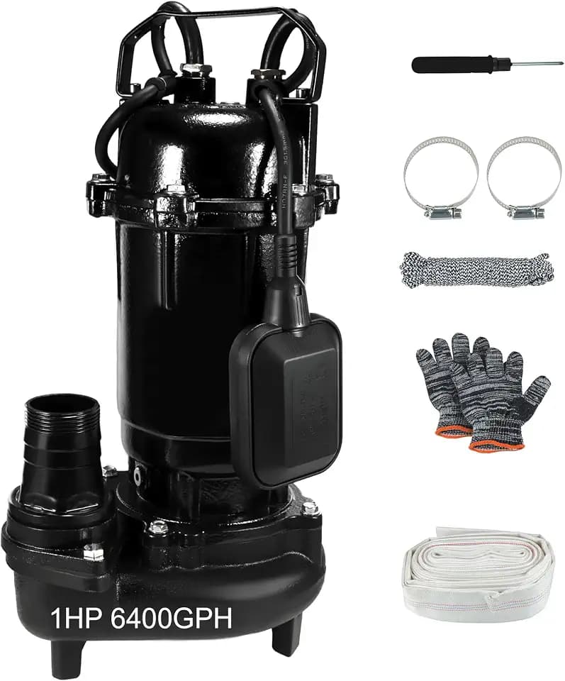 Grinder Sump Pump Submersible, Sewage Pumps 1HP 110V 6400GPH Cast Iron Effluent Pump with Auto Float Switch for Basement, Sump Basin, Residential Sewage Well Pond Swimming Pool, 2" NPT Discharge