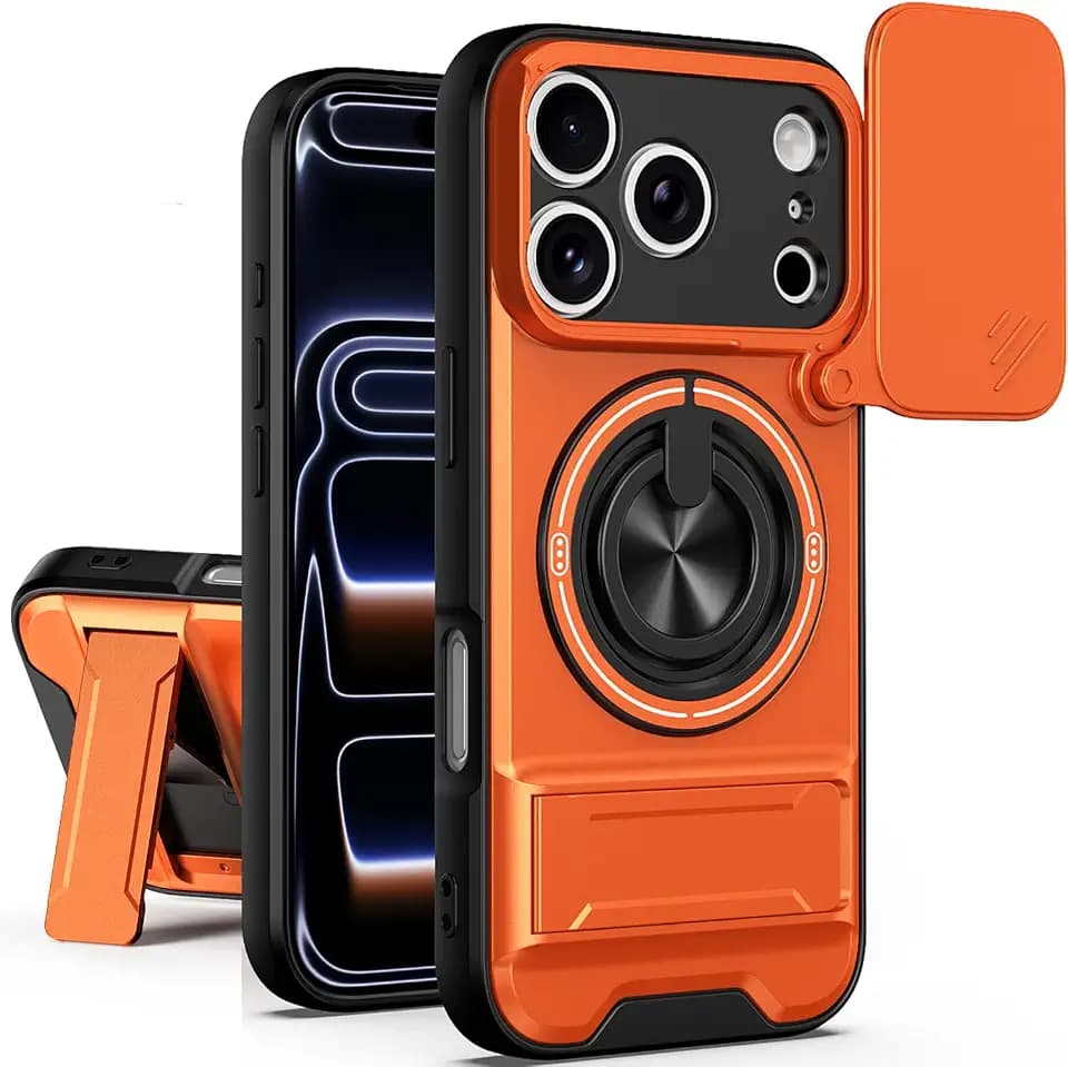 Dssairo for iPhone 17 Pro case with 360°Rotation Magnetic Ring Compatible with MagSafe Slide Camera Cover Foldable Stand Military-Grade Shockproof Protective case (Orange, iPhone 17 Pro)