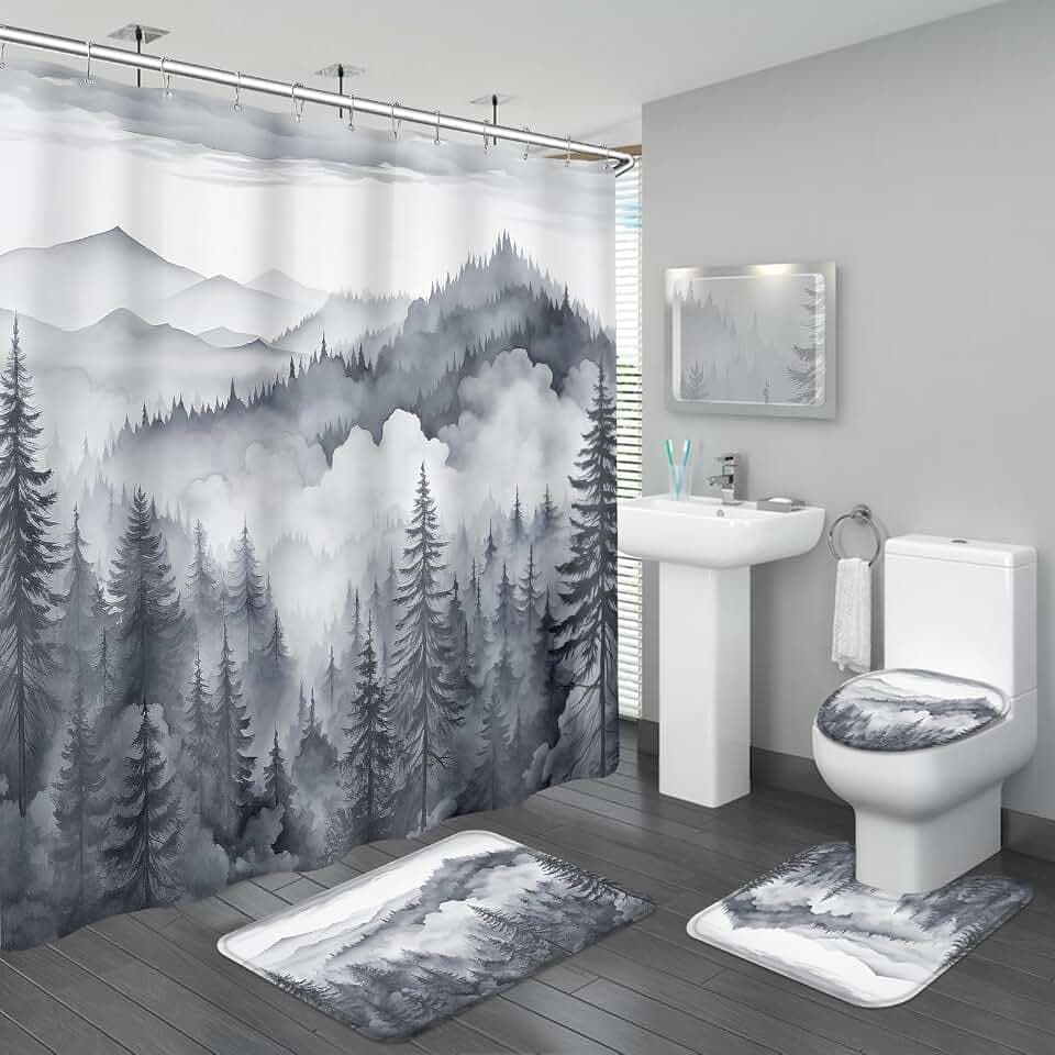 4PCS Grey Misty Forest Mountain Bathroom Sets with Shower Curtain and Rugs