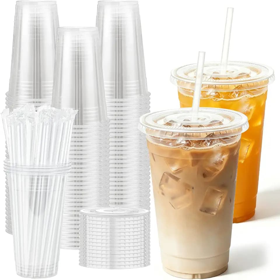 20 oz 50 Pack Disposable Clear Plastic Cups with Lids and Straws