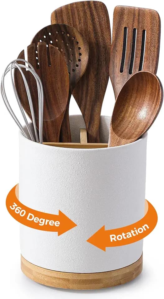 LoeJan 3 Compartment Utensil Holder, Extra Large Utensil Crock, Stable Ceramic Utensil Organizer, Cooking Tool Organizer Set for Kitchen Counter Farmhouse Decor, Textured White