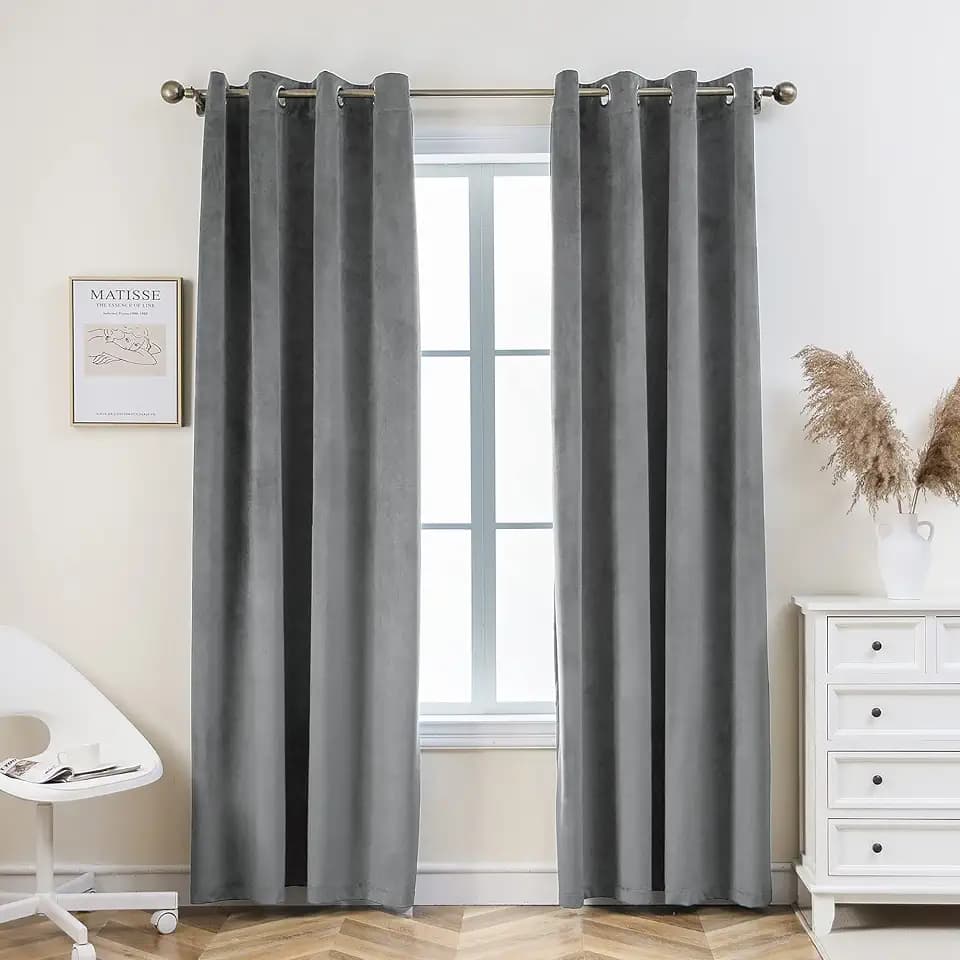 PLEASANT BOULEVARD | Velvet Curtains [2 Panels] Elegant Living Room Bedroom Window Drape Curtains, Grommet Eyelet Style (52" W x 84" L, Gray)