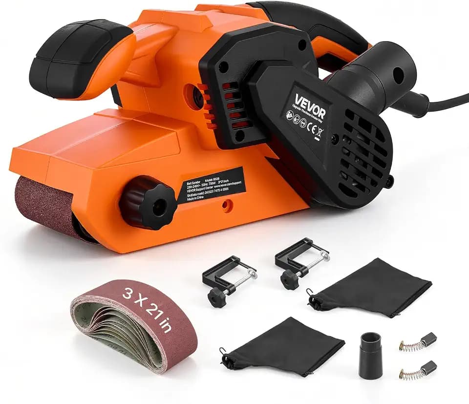 VEVOR 7A Belt Sander 3" x 21" Woodworking Belt Sander 6 Speeds 630-1200 FPM, 2-in-1 Handheld & Benchtop Sanding Machine with 2 Dust Bags, 10PCS Sanding Belts & 2 Clamps for Woodworking Projects