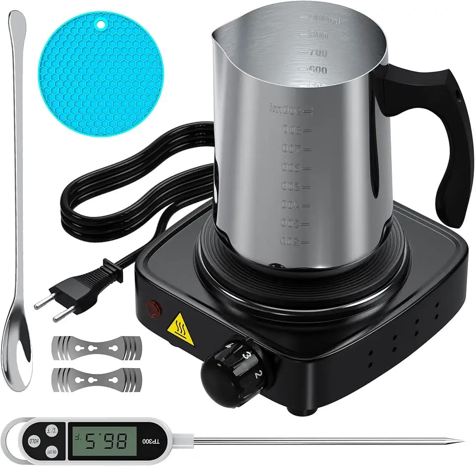 sevkumz Premium-Kerzenherstellungsset mit elektronischer Heizplatte - DIY-Starter-Zubehör für Anfänger - enthält 900ml Gießkanne, Rührlöffel, Dochthalter und Thermometer