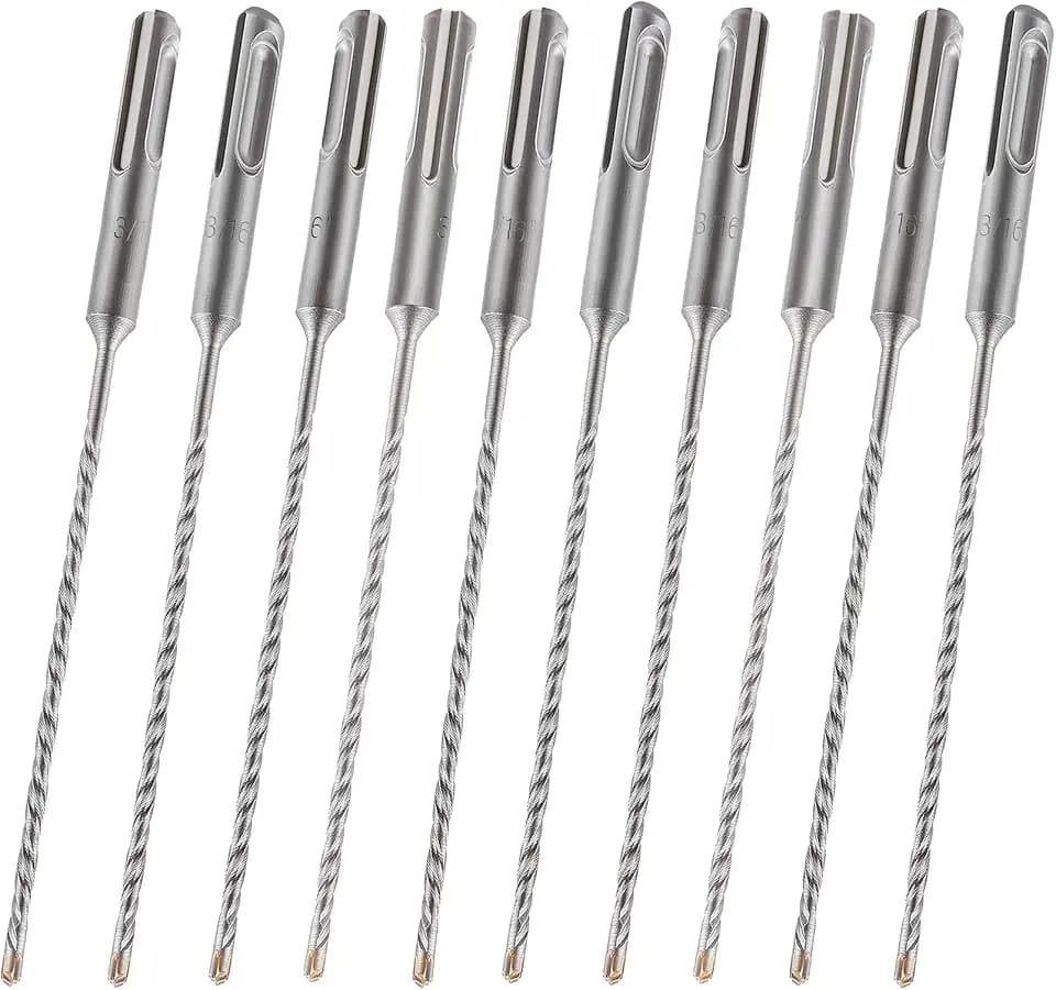 10pcs SDS Plus 3/16 in. x 6 in. Rotary Hammer Drill Bit Kit, Cross-Type Double Thread Carbide Concrete Drill Bit for Stone, Brick, Masonry, Cement Walls