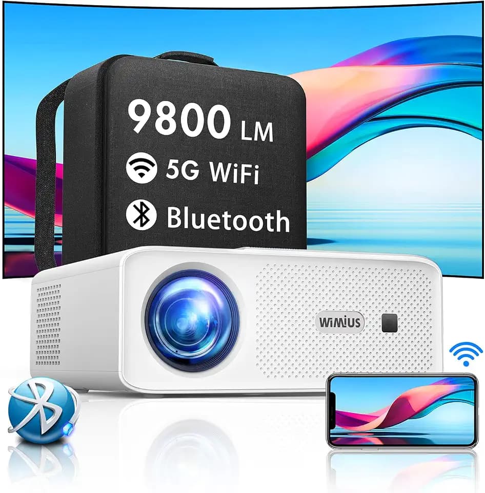 Beamer, 9800 Lumen 5G WiFi Bluetooth 1080P Full HD Beamer 4K Video WiMiUS Heimkino Projektor, 4D Trapezkorrektur, 300" Display, Kompatibel mit Fire Stick/Laptop/Xbox/PS5, LED Projektor mit Tragetasche