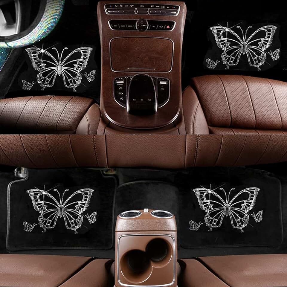 Bling Butterfly Car Floor Mats, Diamond Carpet, Set of 5, Universal Fit