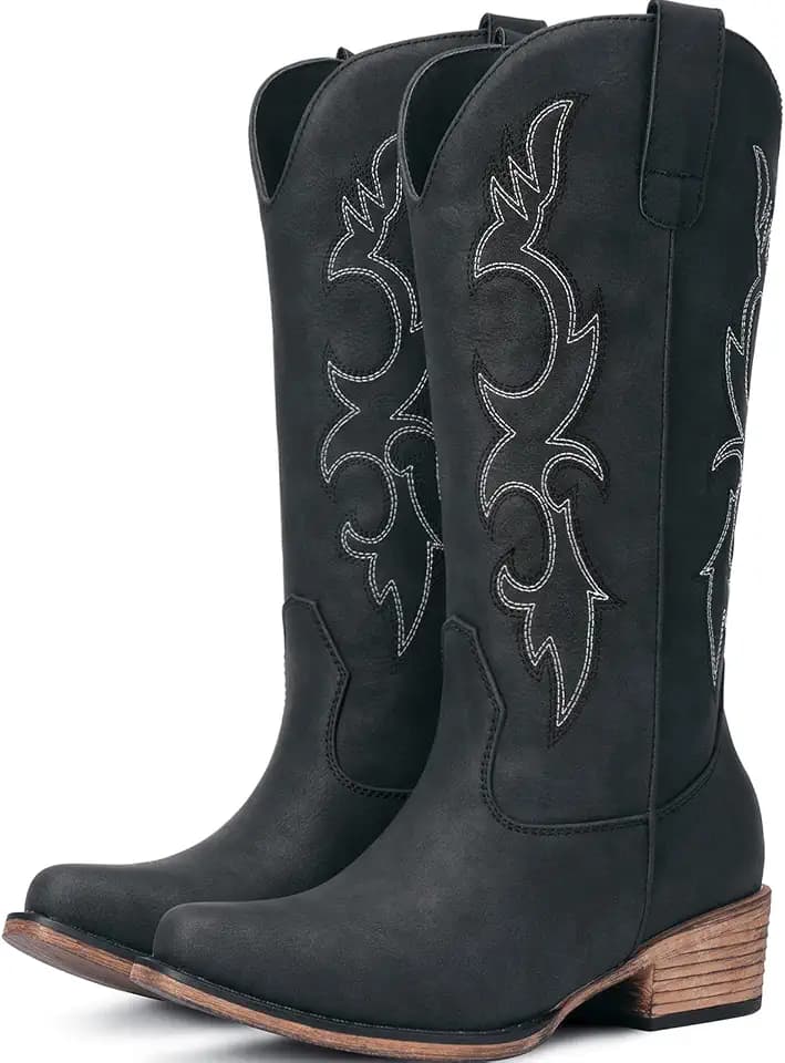 Choiran Cowboy Boots for Women - Mid Calf Cowgirl Boots Western Chunky Heel Pointed Toe Boot with Retro Embroidery, Country Concert Outfit Essentials for Rodeo Festival