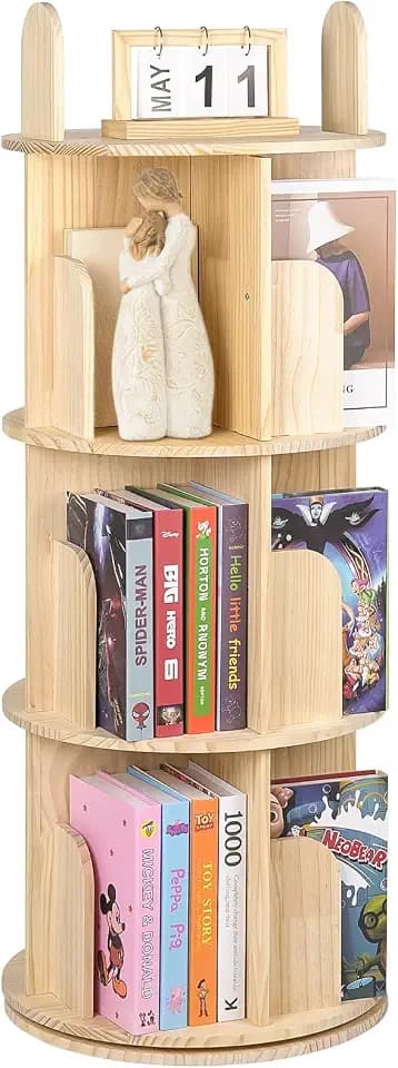 Kryonix 3 Tier Kids Rotating Bookshelf, Spinning Solid Pine Wood Bookcase