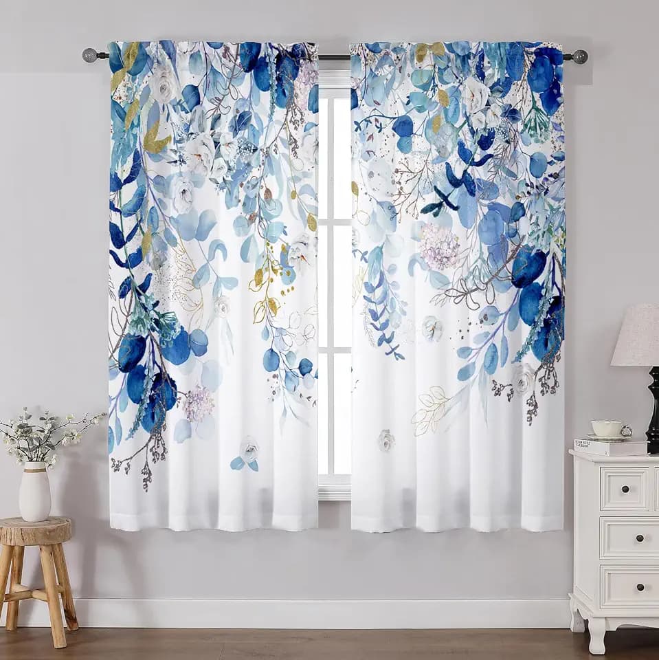 Blue Eucalyptus Curtains 63 Inch Length 2 Panels, Leaves Plant Drapes for Dinning Small Windows, Blue and White Light Filtering Curtain for Living Room Bedroom Bathroom, Dual Rod Pocket, 42" W x 63" L