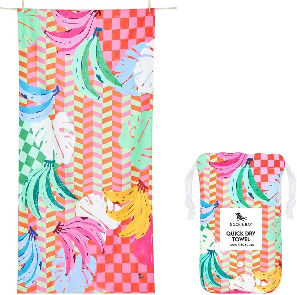 Dock & Bay Beach Towel - Quick Dry, Sand Free - Compact, Lightweight - 100% Recycled - Includes Bag - Banana Karma - Large (160x90cm, 63x35)