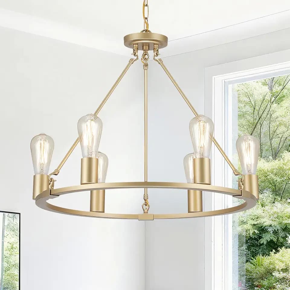 6-Lights Gold Chandelier | Dia 24'' Farmhouse Wagon Wheel Chandelier | Rustic Hanging Dining Room Light Fixture | Apply to Living Room | Kitchen Island | Entryway | Foyer