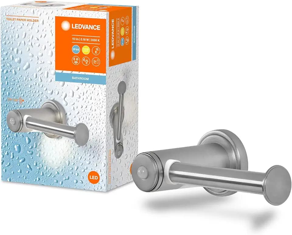 LEDVANCE BATHROOM Toilettenpapierhalter mit Nachtlicht, 0,18W, 10lm, warmweißes Licht mit 3000K, Batterie inklusive, Tageslicht- & Bewegungssensor, lange Lebensdauer, Schutzklasse IP44, energiesparend