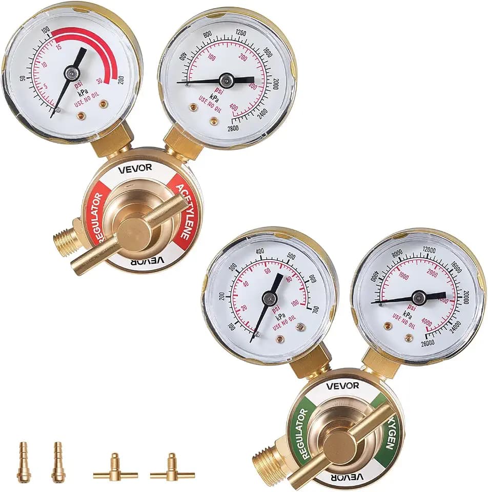 VEVOR Oxygen Acetylene Regulator Set, Oxy-Acetylene Regulators, 0-4000PSI and 0-400PSI Welding Gas Gauges with CGA-540/CGA-200 Inlet Connection & 9/16"-18 Outlet Connection, T-Handle Adjustment
