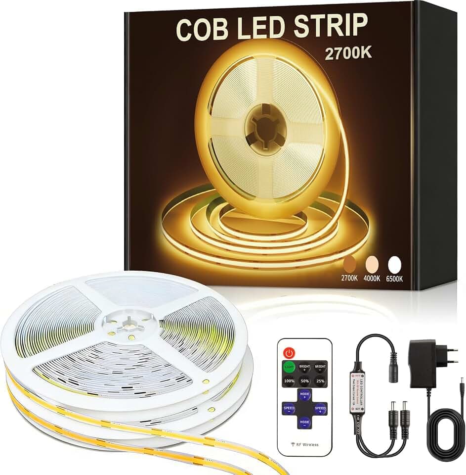 COB LED Streifen 15M(7.5M X 2), LED Strip Warmweiss 2700K, 24V Lichtband Dimmbar Selbstklebend, 320LEDs/M, 8mm Breite, mit Fernbedienung und Netzteil für Home Dekoration, Küche, Spiegel,DIY