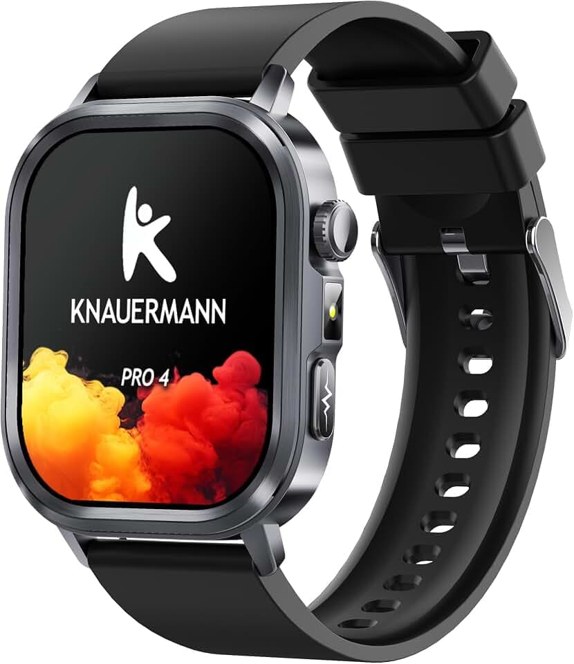 Knauermann PRO 4 (2026) Eckig Schwarz - EKG Gesundheitsuhr mit Blutdruck, Puls und Blutsauerstoff Messung, Telefonfunktion, Schlafanalyse, IP67, 46 mm - Silikon Schwarz