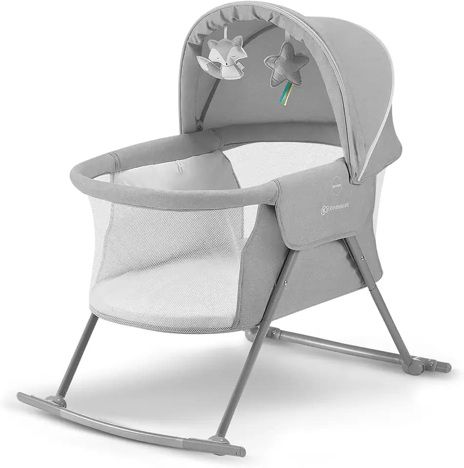 kk Kinderkraft Kinderkraft Kinderbett 3 in 1 lOVI, Kinderreisebett, Stubenwagen, Babywiege, Baby Wippe, Zusammenklappbar, Einfach Transport, mit Zubehör, Tasche, Moskitonetz,von Geburt bis 9 kg, Grau