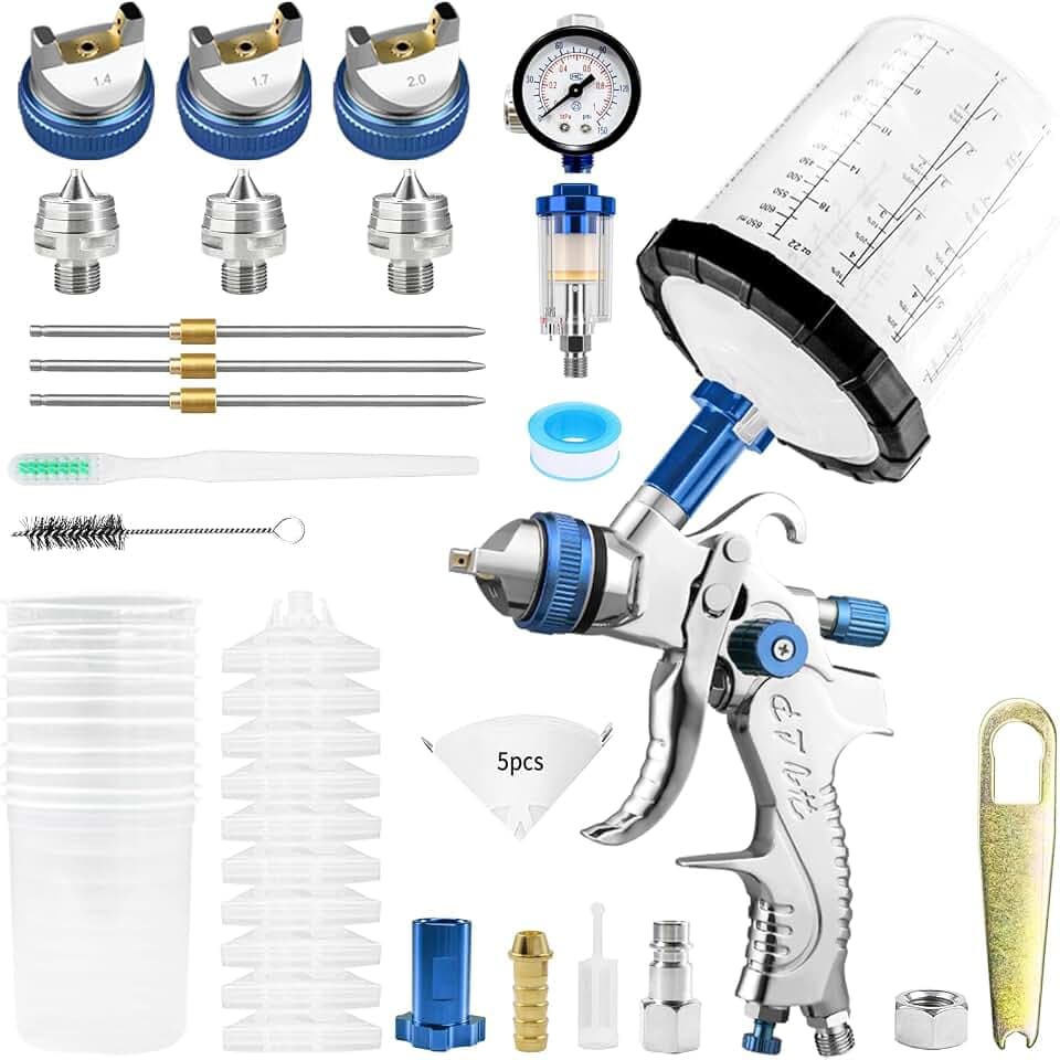 HVLP Fließbecher Lackierpistole Spritzpistole, Premium-Kit mit 1,4/1,7/2,0 mm Düsen & Luftdruckregler und 10 Stück 650ML Mischbecher Farbsprühgerät für den Automobilbereich(Silberblau)