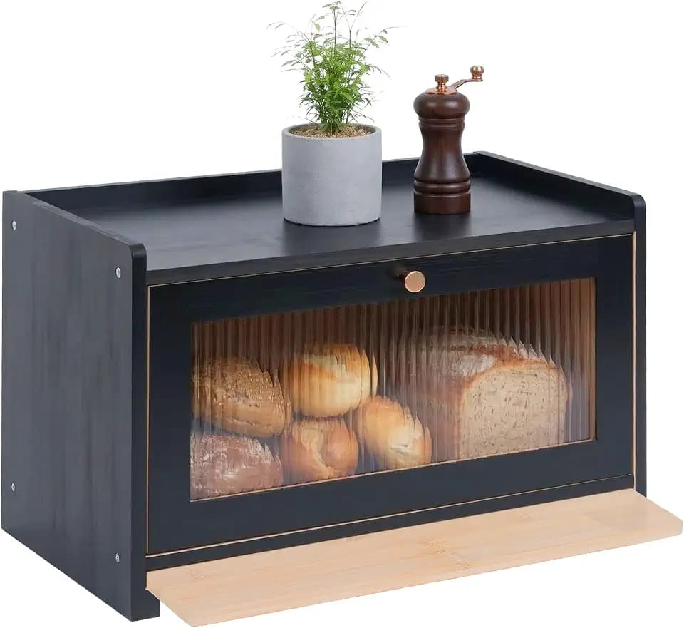 Relaxdays Brotkasten, Bambus, Schneidebrett, Ablage, Luftlöcher, schwarz