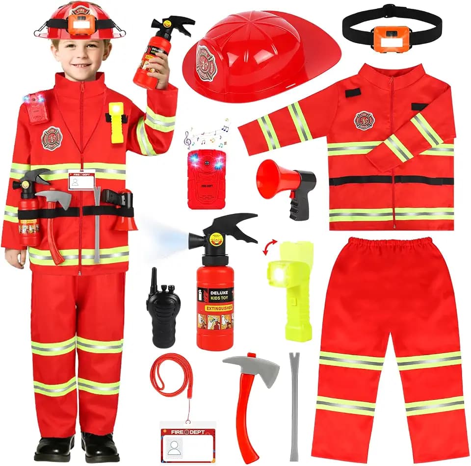HUUIDY Firefighter Costume with Accessories, Dress Up for Kids Age 4-12