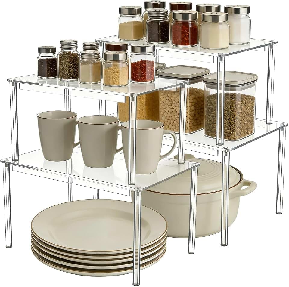 ZALIR 4 Pcs Clear Acrylic Cabinet Organizer - Stackable Countertop Spice Rack, 6.6 Lbs Load Capacity Cabinet Organizer Shelf, 2 Sizes Display Shelves for Kitchen, Pantry Storage