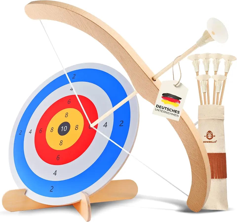 BOWRILLA® Pfeil und Bogen Kinder Holzspielzeug Set mit 6 Saugnapf-Pfeilen, Zielscheibe aus Holz und Köcher | Bogenschießen Kinder Spielzeug für Indoor- und Outdoor Spiele ab 3 Jahren