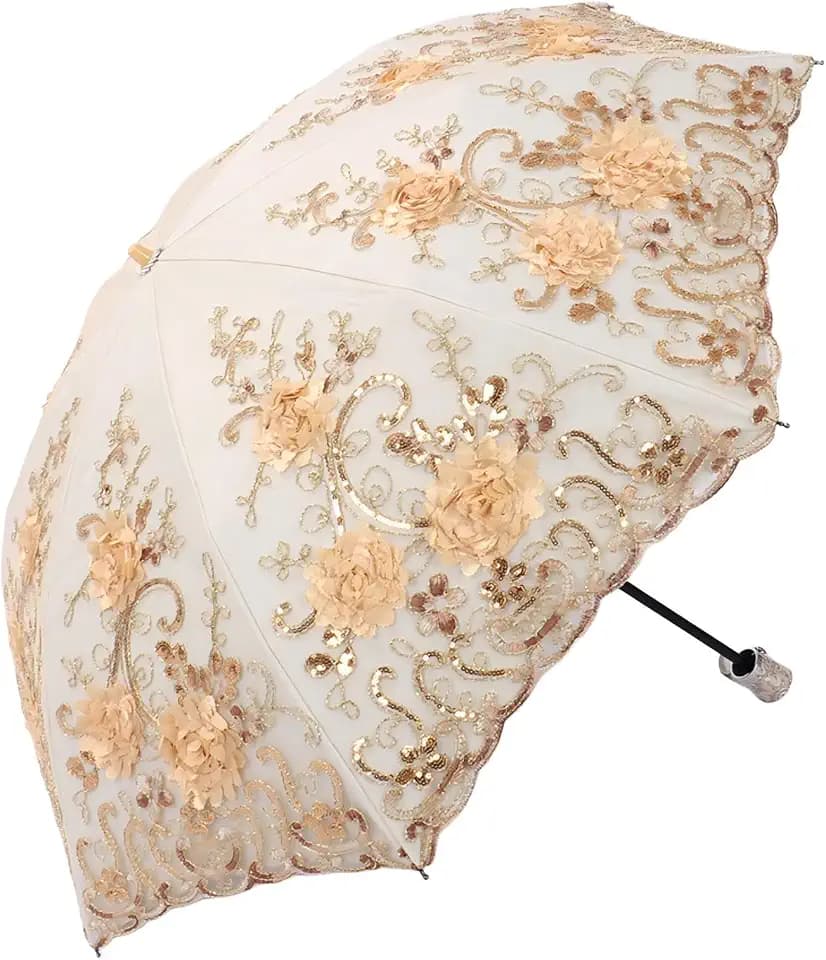 MizHome Lace Parasol Double-Layer UV Protection Compact Folding Umbrella Handmade Champagne