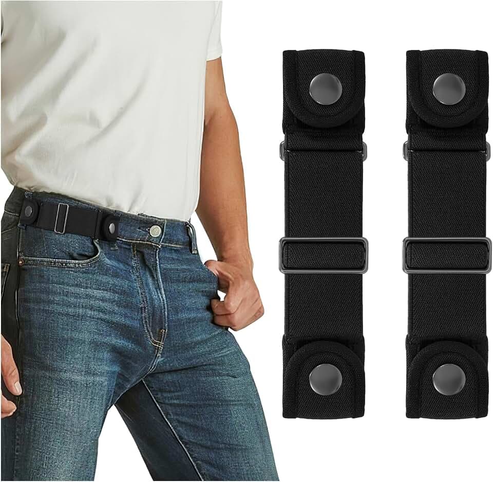 SANSTHS 2 Pack Elastic Belt for Men,2 Loops No Buckle Stretchy Women Side Belts Adjustable Invisible Belt for Jeans Pants