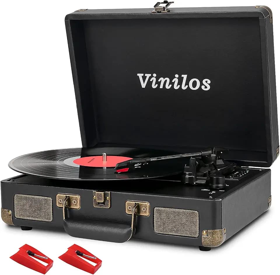 Vinyl Record Player with Bluetooth and Built-in Speakers, 3-Speed Portable Turntable for Vinyl Records, Retro Suitcase Design, USB Recording, Includes Extra Stylus, Ideal for Beginners(Black)-Vinilos