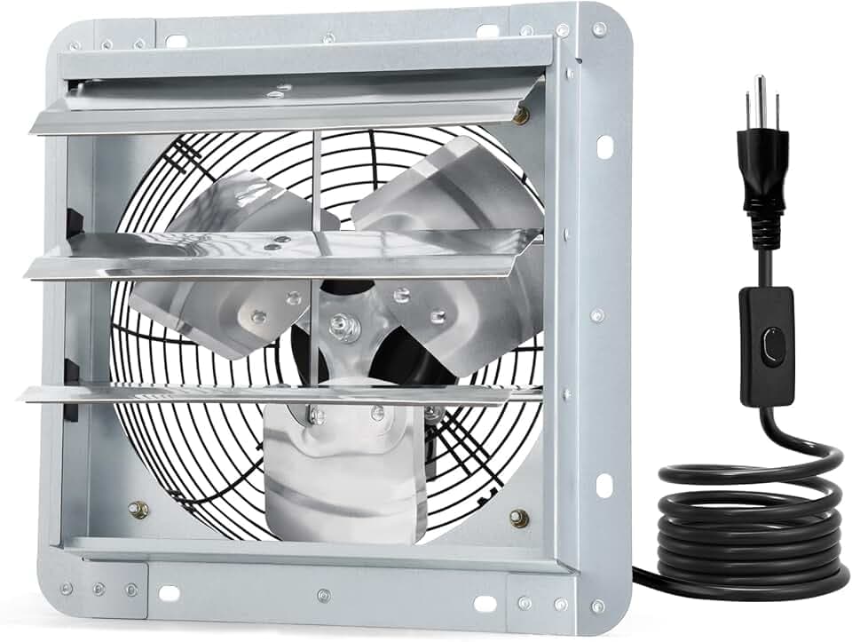Criditpid 14 Inch Shutter Exhaust Fan, Wall Mounted Vent Fan for Garage, Attic, Greenhouse, Shop, Chicken Coop, 1088 CFM 1450 RPM High-Speed Louvered Exhaust Fan with ON/OFF Switch 1.8M Power Cord Kit