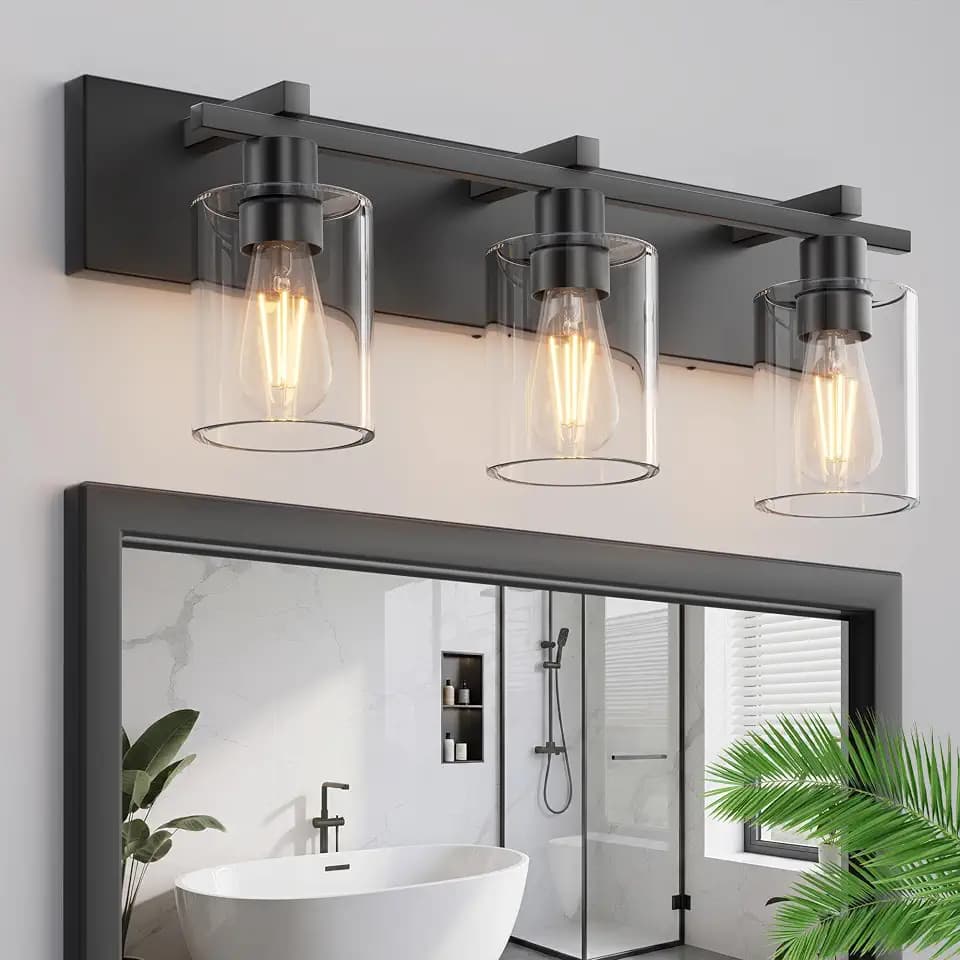 Bathroom Vanity Light,3 Light Matte Black Vanity Light with Thickened Clear Glass Shade, 21 inch Dimmable Modern Wall Sconce, Bathrooms Light Fixture Over Mirror for Bathroom