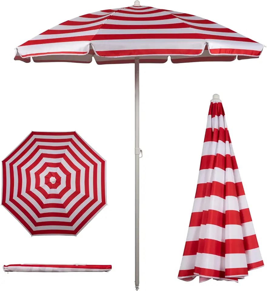 PICNIC TIME 5.5 Ft Portable Beach Umbrella, Lightweight UV Protection Sunshade with Tilt Pole & Carry Bag, Outdoor Canopy Umbrella for Beach, Sand, Pool, Patio, Camping, Travel, or Backyard Shade, (Red & White Cabana Stripe)