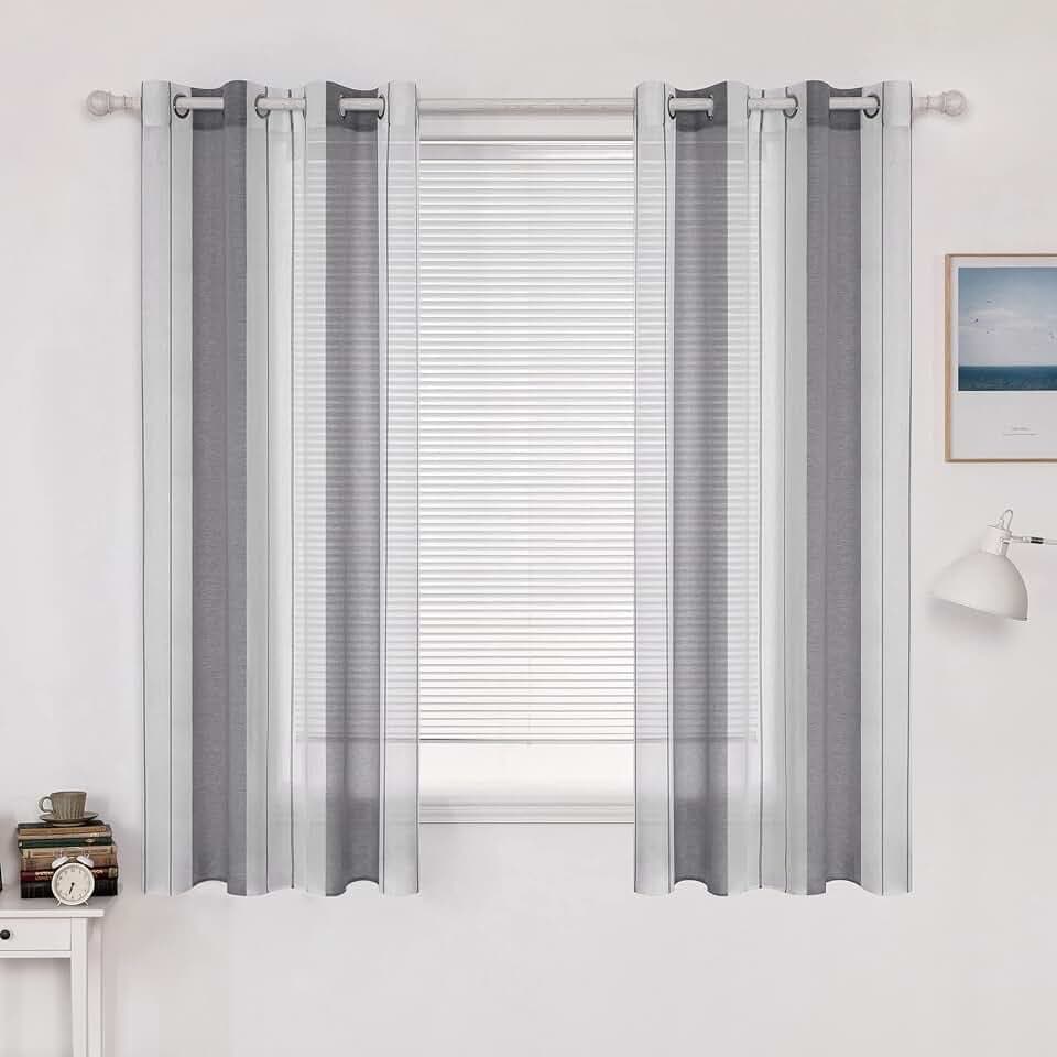 MIULEE Voile Kurz Gardinen Grau-Weiß mit Ösen 2er Set