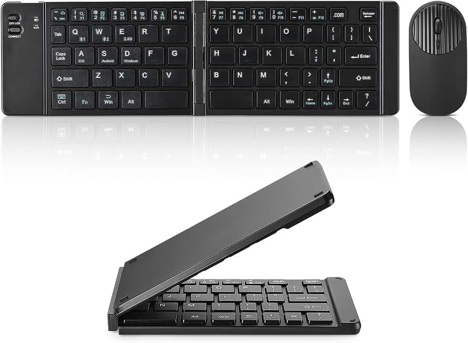 Mini Rechargeable Foldable Bluetooth Keyboard and Mouse Combo, Portable (Sync Up to 3 Devices), Ultra-Slim Travel Folding Keyboard for iPhone iPad Mac Android Windows iOS（Black）