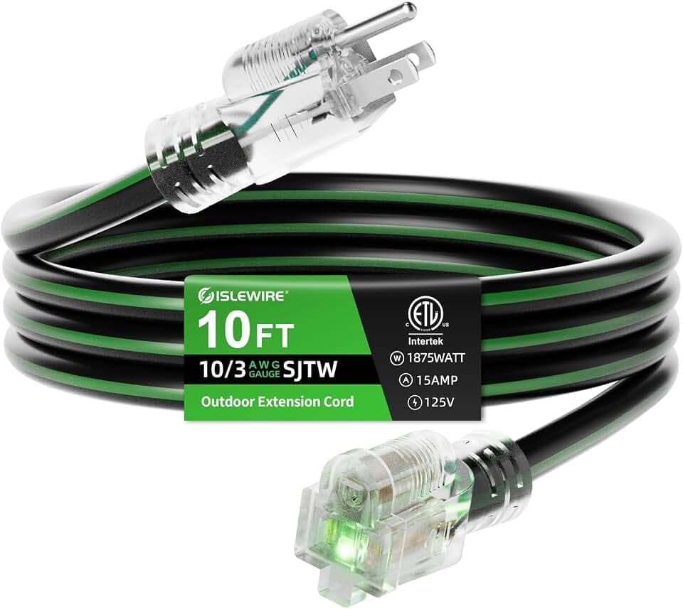 10FT 10/3 Outdoor Extension Cord, 10 AWG Ultra Heavy Duty 3-Prong SJTW, Waterproof, Flexible Cold-Resistant, Indoor/Outdoor, LED Lighted End, 15 Amp 1875W, Black & Green, ETL Listed