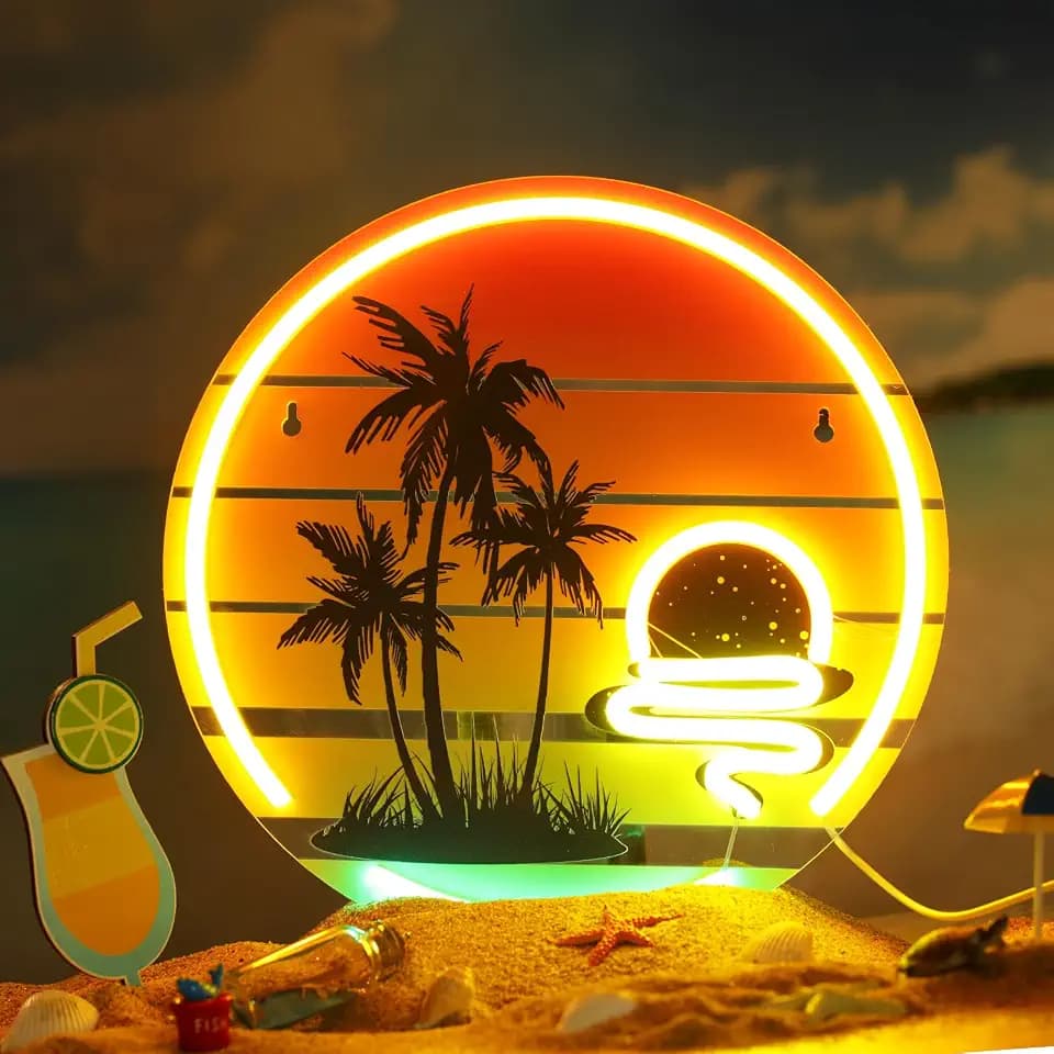 Glooglitter Tropical Neon Sign 11.8 Inch Palm Tree Sunset LED Light