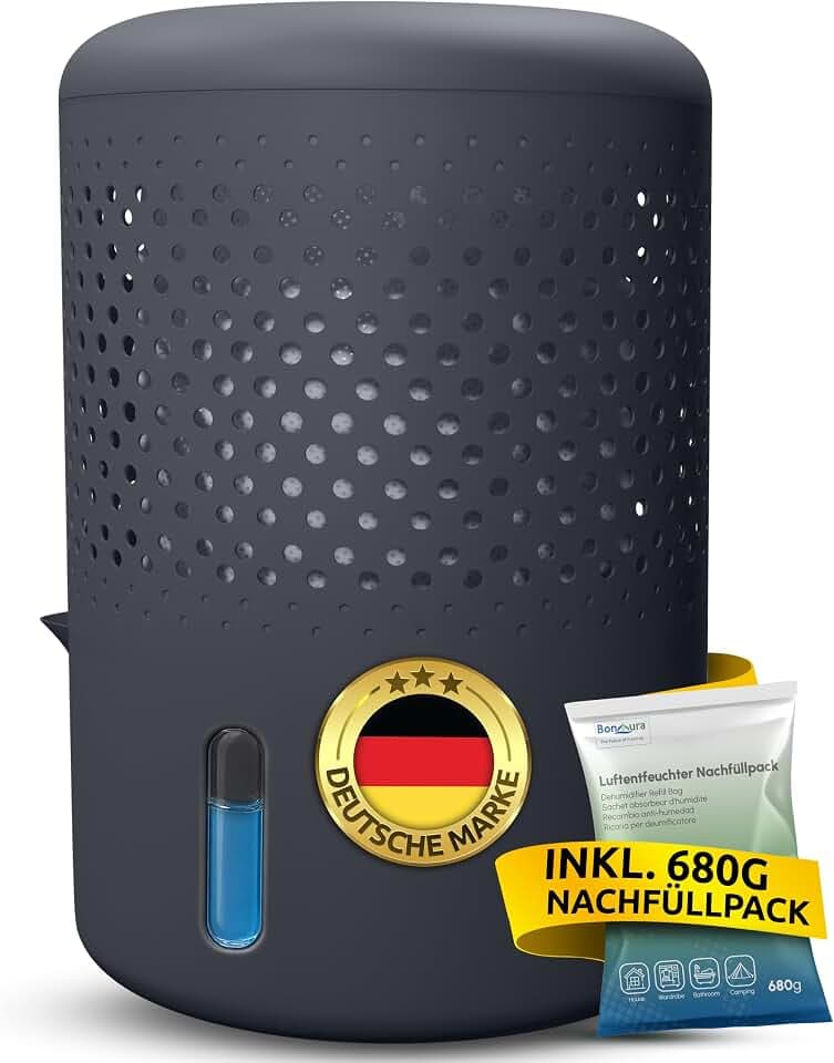 BonAura® Luftentfeuchter ohne Strom - Raumentfeuchter für Keller, Bad uvm. - 680g Luftentfeuchter Nachfüllpack inklusive - Entfeuchter und Luftentfeuchter Granulat im Set - Schutz vor Schimmel
