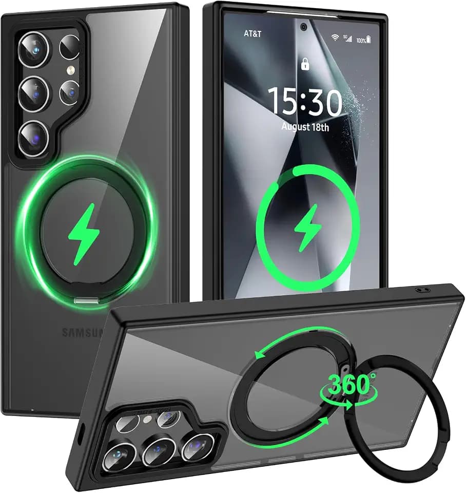 für Samsung Galaxy S24 Ultra Hülle, Eingebauter 360° Magnetischer Drehbarer Ringständer Halter, Kratzfeste Handyhülle, Stoßfest Samtige Touch Case (Schwarz)