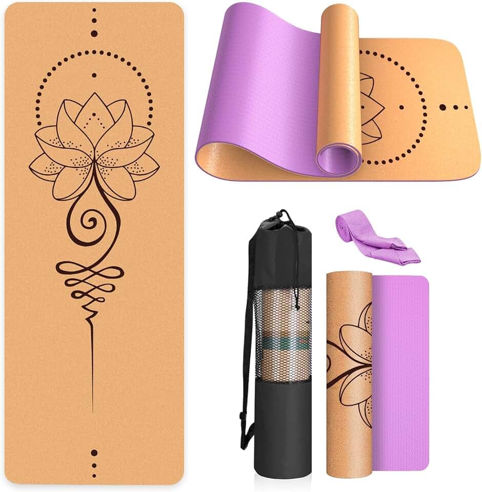 Yogamatte-Kork, Rutschfest, Einzigartiges Design, Extradick Natürlicher Kork, TPE Fitness-Trainingsmatte mit Tragetasche und Gurt, für Zuhause, Pilates, Aerobic Fitnessstudio und Workout